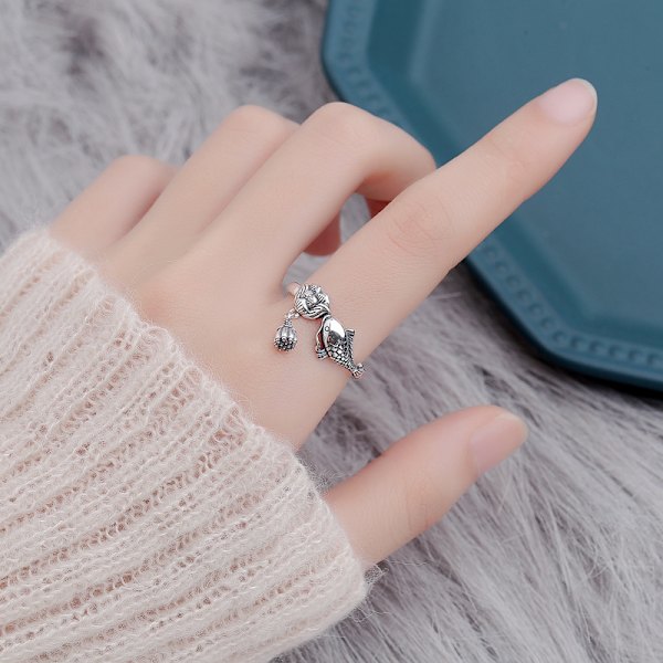 Silverring hona retro etnisk karp lotus ekollon matring par justerbar ring honansikte ring bredd 8 mm