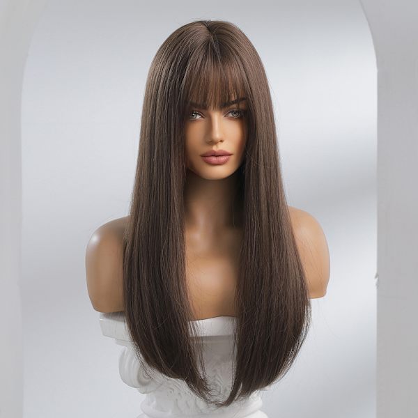Qi Bangs Naturlig Brun Fluffig Asiatisk Långt rakt hår Mode Peruk Kemisk Fiber Full Head Set WIGs 60cm