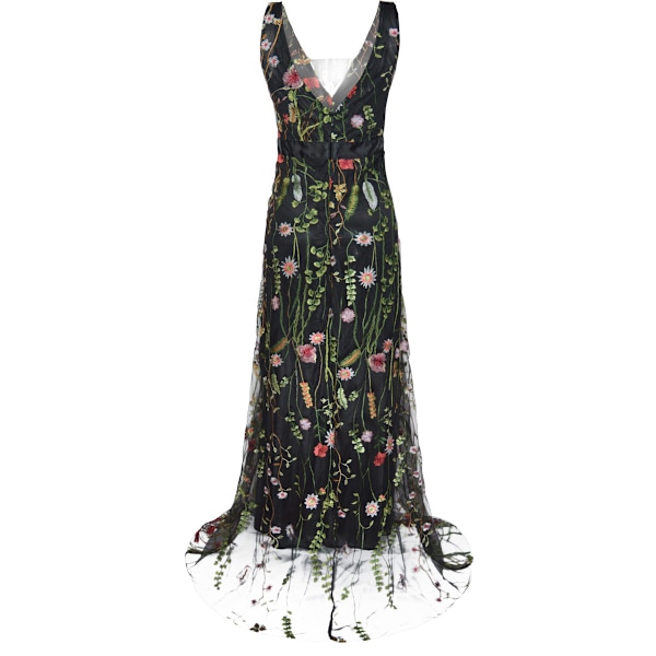 Broderad Maxiklänning Kvinnor Sexig Djup V-ringad Blommig Boho Backless Party Bal Strand Bröllops Lång Klänning Vestido-M