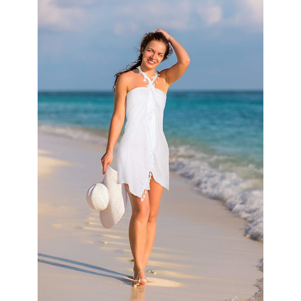 2 stk. Dame Strand Batik Lang Sarong Badedragt Cover up Wrap Pareo med Kvaster til Kvinder Piger (Sort, Hvid Medium)