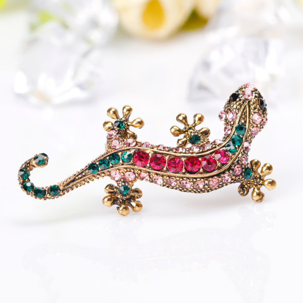 Vintage personlighetsbrosje i legering, besatt med diamanter, øgle, gekko, firbent slange, besatt med diamanter, brosjenål