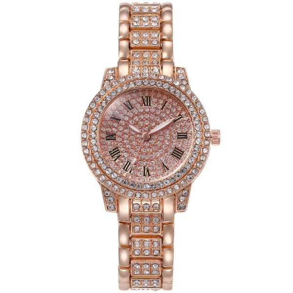 Watch herr och dam All Diamond watch+ armband dam vintage romersk stålplåt watch (rosa )