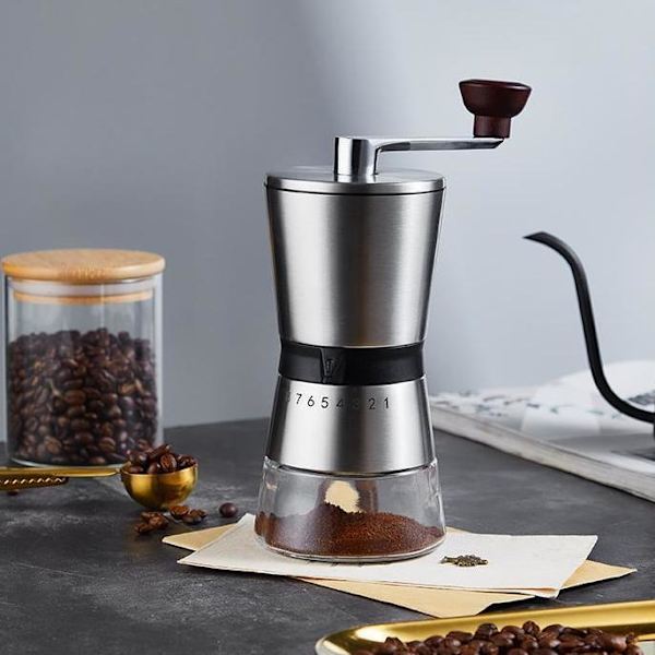 Manuell Kaffekvern, Håndholdt Kaffebønnekvern med Avtakbar Beholder, 8 Grindinnstillinger, Bærbar Håndsveivkvern i Rustfritt Stål for Hjem, Kontor