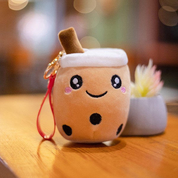 Kawaii Boba Tea Plysch Söt Djurkudde Emoji Ansikten Tecknad Mat Snack Plyschleksaker Mjölk Te Bubble Te Nyckelring Hänge för handväska eller ryggsäck