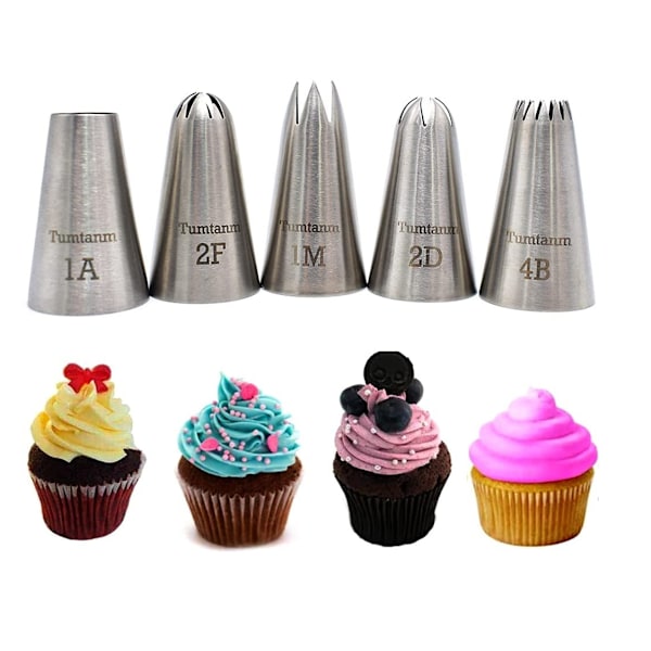 Sett med 5 store profesjonelle dyser i rustfritt stål for glasur og cupcakes