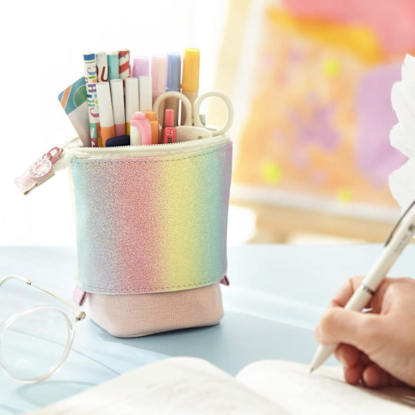 Söt Rainbow case för flickor Barn Mjuk pennask Barn Teleskopisk stående pennhållare Kawaii Pop Up Makeup-påse Kosmetikväska Skolpapper av