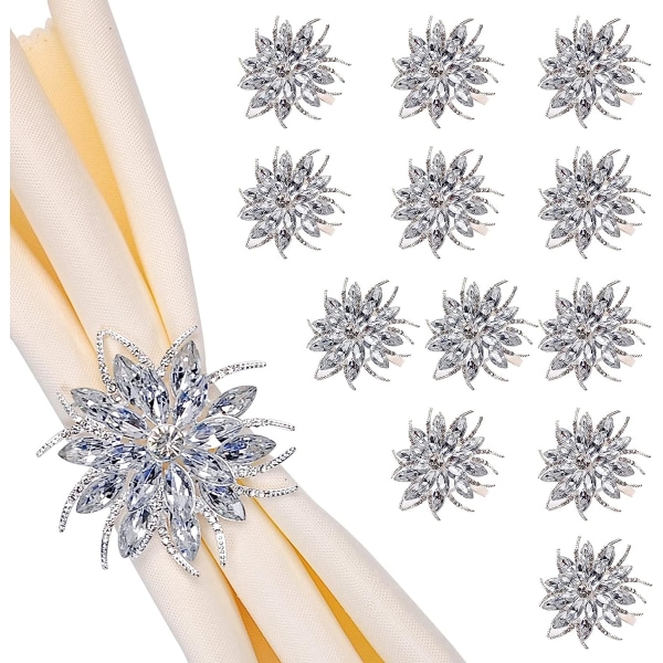 Silver Servettringar Set med 12, lyxiga strass Kristall Blomma Serviette Spännen Hållare för bröllopsfödelsedag middagsfester Påsk Julhelg