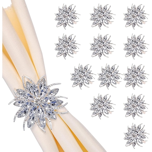 Sølv Serviettholder Sett med 12, Luksuriøse Rhinestone Krystall Serviettspenner for Bryllup, Bursdag, Selskaper, Påske, Jul, Høytider med Gaveeske