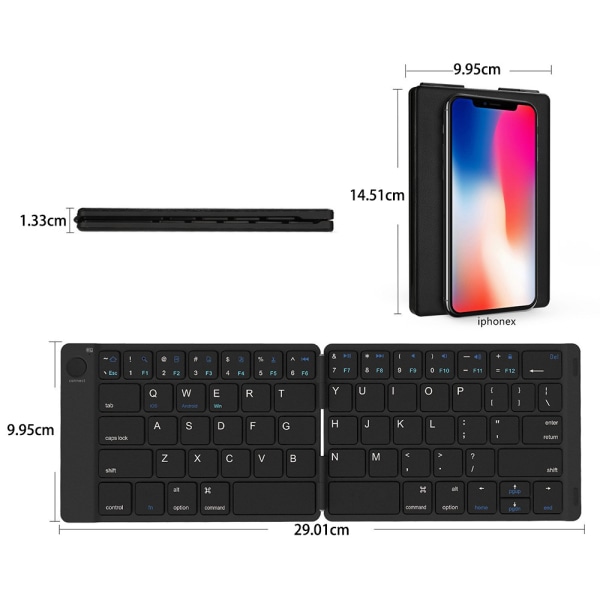 Vikbart Bluetooth tangentbord - bärbart trådlöst tangentbord med fäste, uppladdningsbart ultratunt hopfällbart tangentbord i full storlek som är kompatibelt med IOS Android