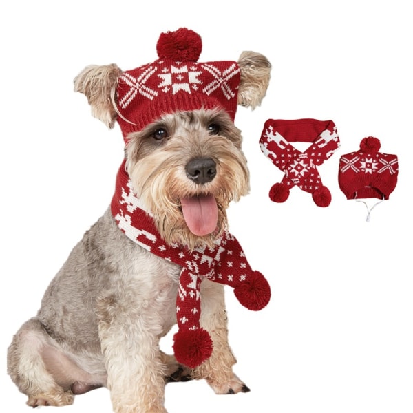 Julhundsdräkt mössa och stickad halsduk - söta husdjurskostymtillbehör Vintervarma kattkläder B(L)
