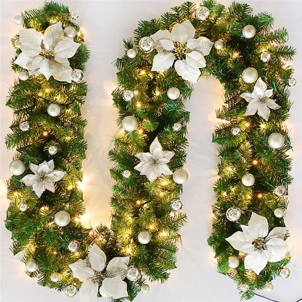 Julslingor - 8,8 fot konstgjorda julblommor i rotting, juldekorationer, julgirland med förbelysta batterier (batterier ej