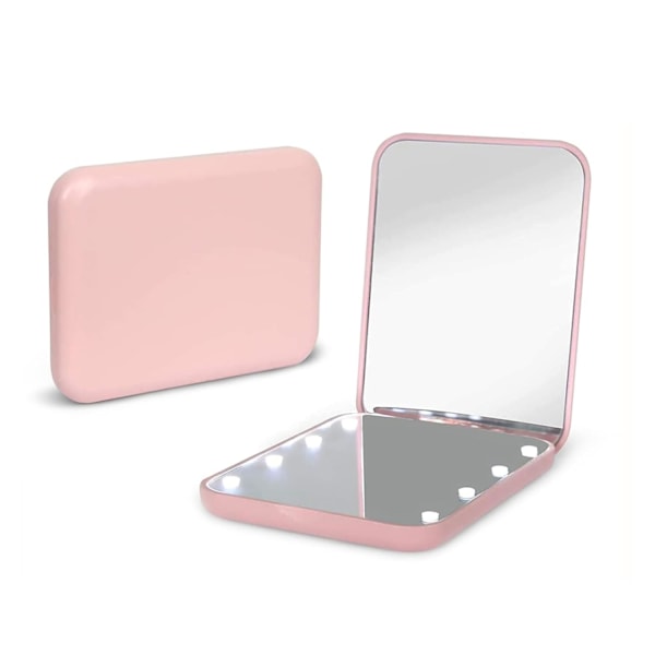 Fickspegel, 1X/2X förstoring LED kompakt resesminkspegel med ljus för handväska, 2-sidig, bärbar, vikbar, handhållen, liten upplyst spegel för present pink