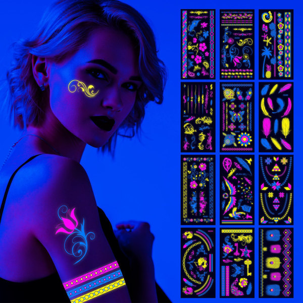 12 stora ark neon tillfälliga tatueringar, 100+ skimmer design lys uv neon kropp ansikte hud tatuering smycken tatueringar blinkar falska vattentäta t