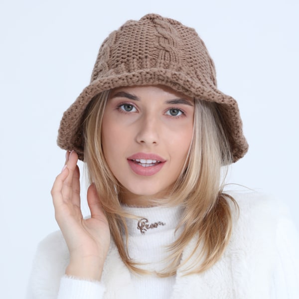Damer Plain Knit Bucket Hat Varmt Bredbremmet Twisted Rope Twi