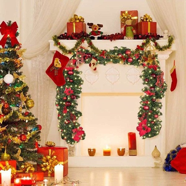 Julslingor - 8,8 fot konstgjorda julrottingblommor, juldekorationer, julgirland med förbelysta batterier (batterier ej