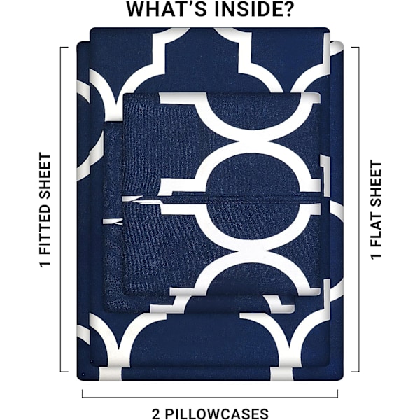 Printed King Lakan Set - 1 Fitted Lakan, 2 Örngott - Mjukt borstat mikrofibertyg - Krymp- och blekningsbeständig (King, Quatrefoil Navy med Whisky)