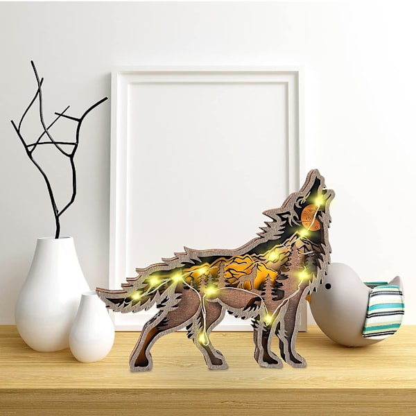 Trepynt med dyr, trehåndverk med 3D-skogdyrdekorasjon, 3D-trefigur med LED-lys, retro treskulptur for hjemmekontor Gi