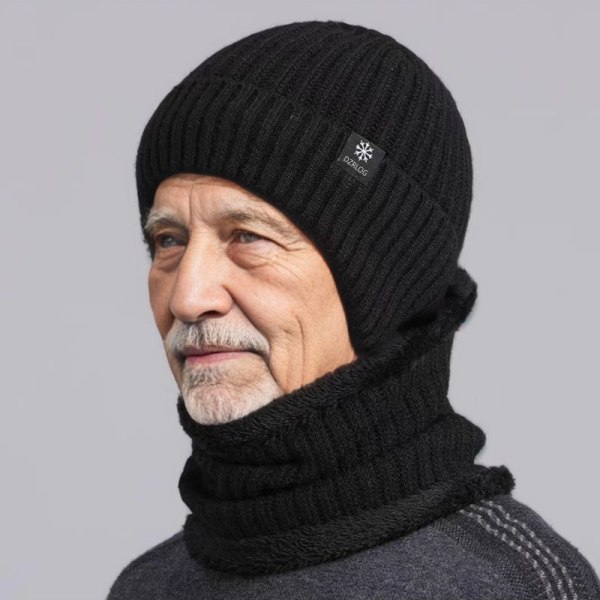Vintermössa för män - Slouch Oversized kabelstickade mössor - Varm chunky stickad cap för kallt väder mössa+sjal black