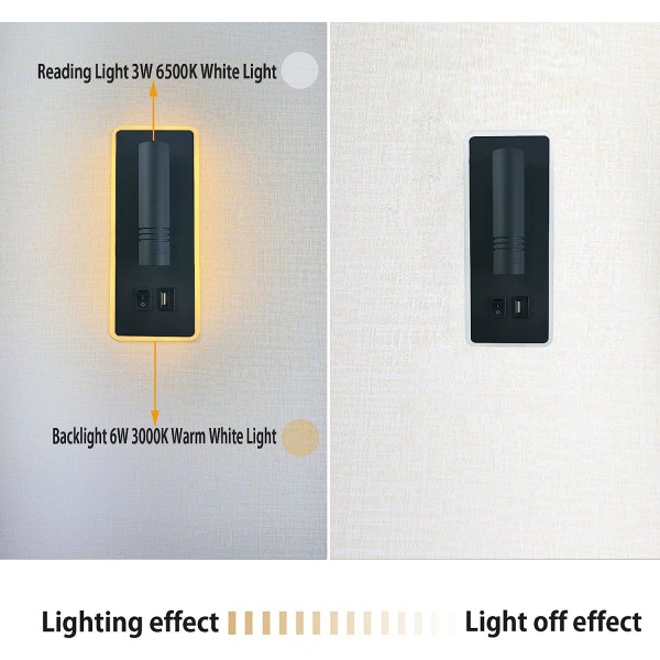 9W LED-vägglampa, läslampa vid sängkanten med USB laddningsport, (6W 3000K varmvit) + (3W 6500K vit)svart rektangel