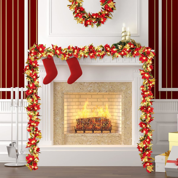 5,9 fot jul julstjärna girland med ljusslingor Konstgjorda röda julblomma hängande vinstockar med guldkant blad för julbröllop eldstad