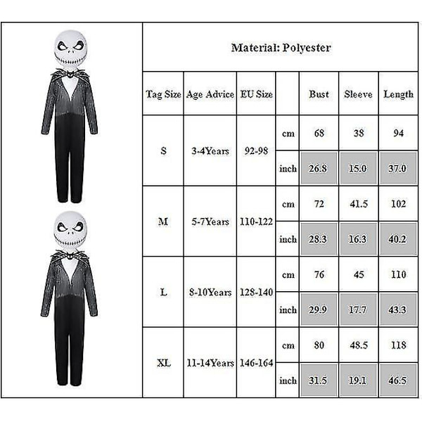 Halloween-jumpsuiter for barn med Jack Skellington-cosplay og maske 11-14 Years