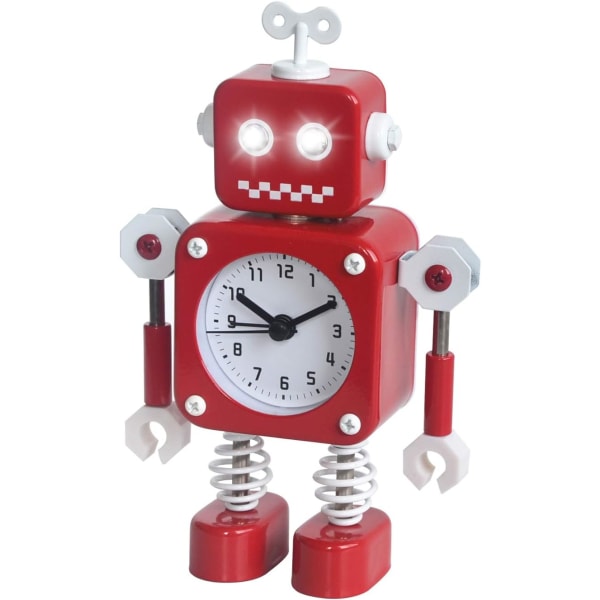 Robotväckarklocka, tyst väckarklocka i rostfritt metall med blinkande upplysta ögon och roterande arm, present till barn (röd)