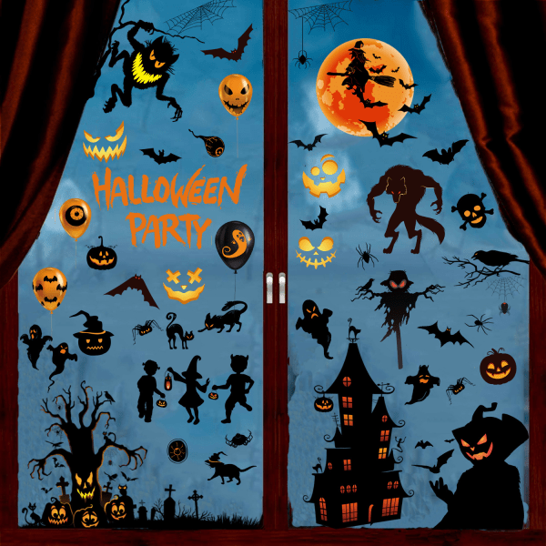 Ark med 72 stk. Halloween Vindusklistremerker, Dobbeltsidige Skumle Avtakbare Vindusklistremerker for Halloweenfestdekorasjon