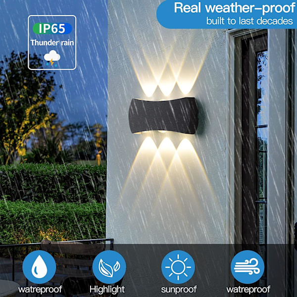 6W Sisätilojen LED-seinävalaisin, Ulkokäyttöön sopiva seinävalaisin IP65 Vedenpitävä 1200LM, Moderni alumiininen seinävalaisin 3000K Lämmin valkoinen 【Musta】