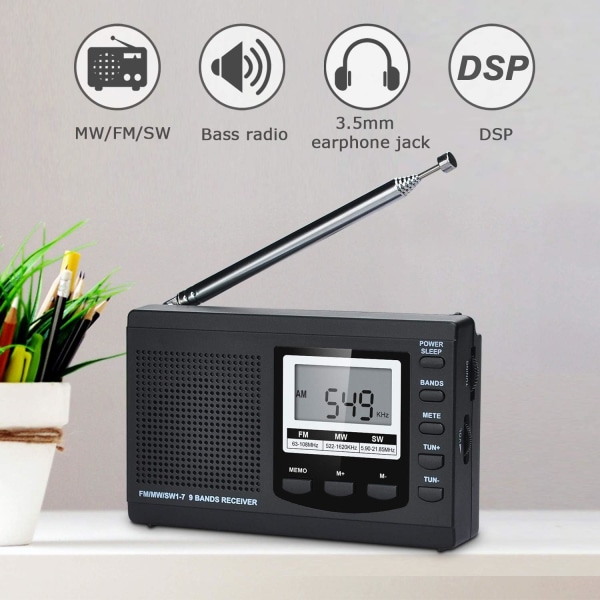 Fullbandsradio AM/FM/SW DSP Radio Stereohögtalare LCD-skärm Väckarklocka Sleep Timer Fickradio Digital demodulering (svart)