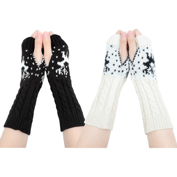 Fingerlösa vinterhandskar - Armvärmare handskar för kvinnor stickade virkade handledshandskar Tumhålshandskar Halvstickade varma vävhandskar (vit+svart)