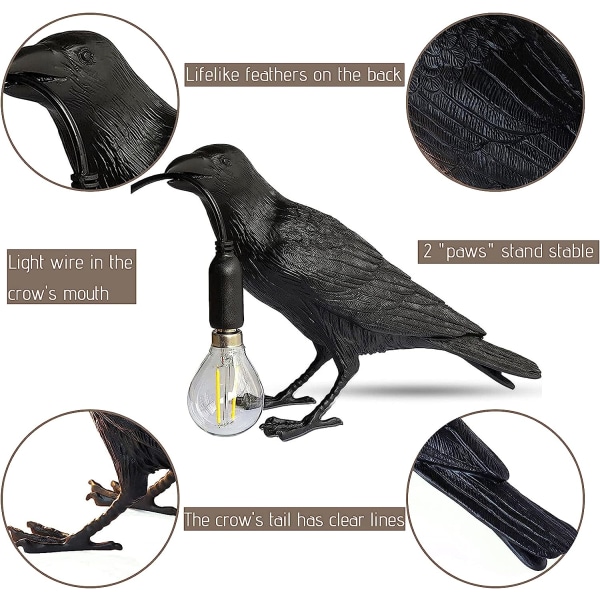 Raven Bordslampa - Kråka Skrivbordslampa - Naturtrogen Harts Raven Light, Birds Bordslampa för sovrummet vid sängen Vardagsrumsinredning (svart)
