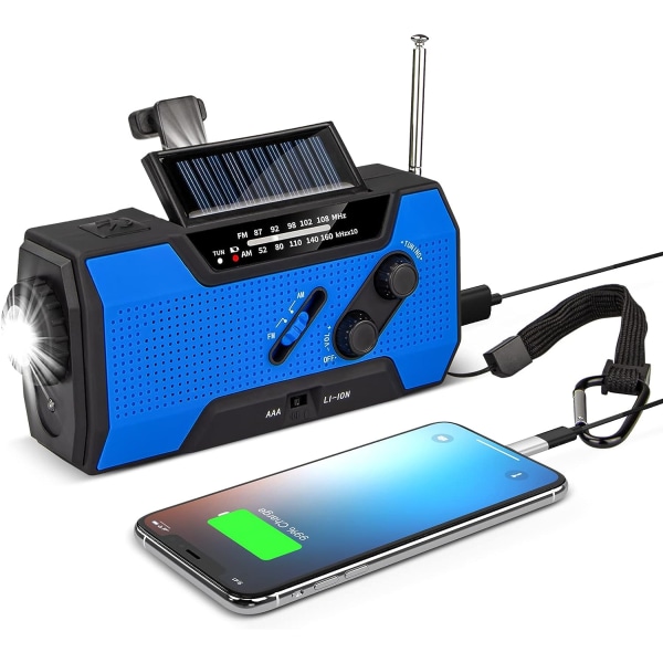 Vädernödradio 2000mAh sol-/vev-/batteridriven bärbar batteriladdare med AM/FM, LED-ficklampa, SOS-larm, blå