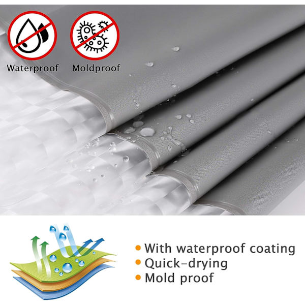 Bruseforhæng 200x180cm Badeforhæng Polyester og EVA Semi-Transparent Vandtæt Anti-skimmel til Badeværelse - Grå