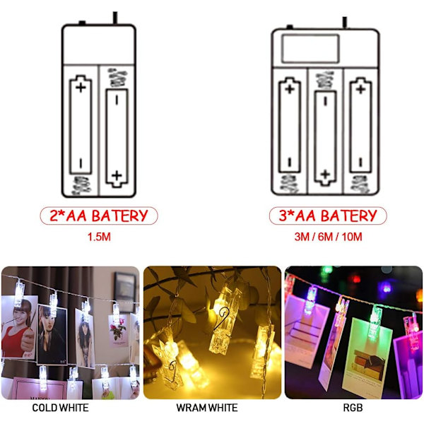 LED-fotolampor Pins String 20 Led Fairy Lights inomhusklämmor 3M/9.8FT Batteridrivna, hängande fotoramar Dekorationer för bröllopsfest Bröllop，Wa