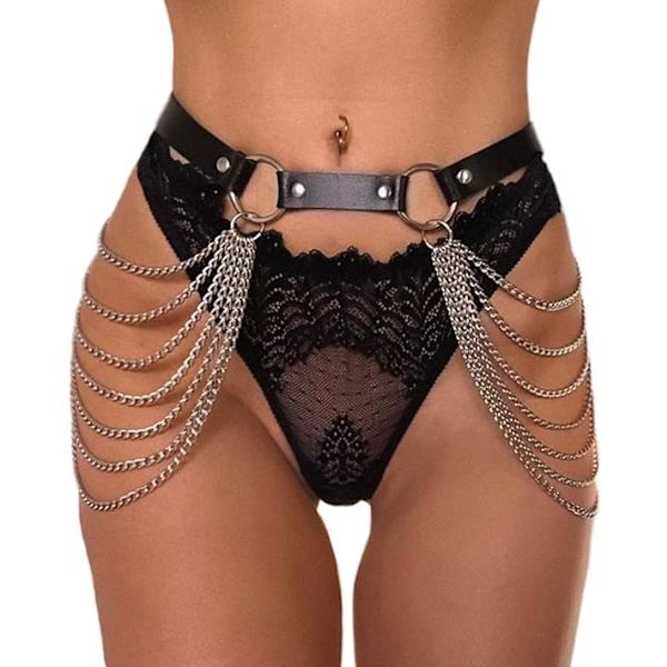 Punk läder mage midjekedja Bälte Silver Layered Body Chains Festival Rave Body Chain Smycken för kvinnor och flickor
