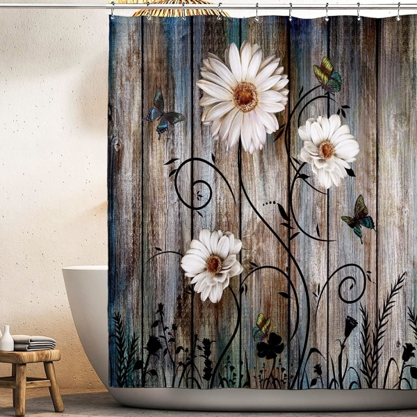 Rustik duschdraperiset Gråblommigt set Badkargardin Butterfly Daisy Amerikansk lantgårdsstil 72×72 tum