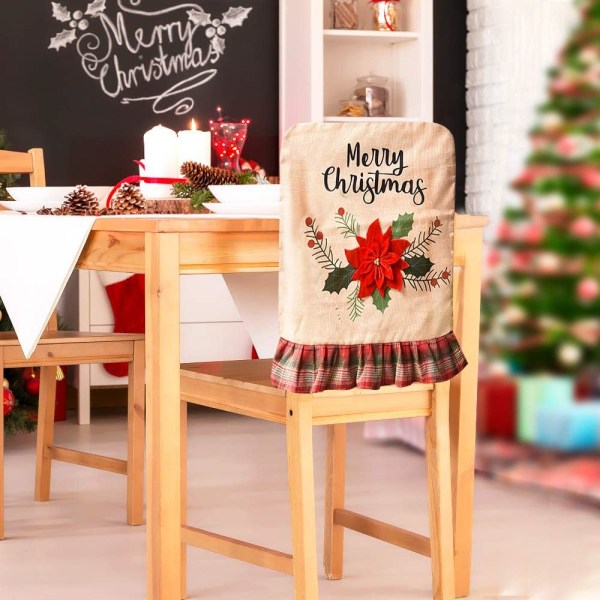 Jul Cover Set med 3 matstolsöverdrag för jul Linne Matsalsstolsöverdrag Julgran Blomma middagsstolsöverdrag för Chr