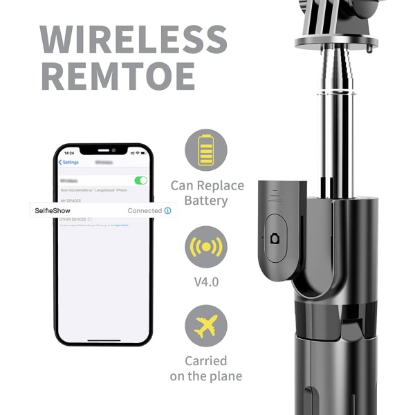 Bärbart Selfie Stick-stativ med trådlös fjärrkontroll, 3 i 1 utdragbar telefonhållare för iPhone 13/12/12 Pro/12 Pro Max/11/11 Pro/X/XR/XS/8/7/6S, Android