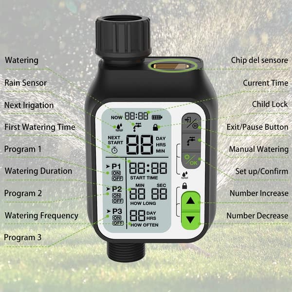 Vattentimer, automatisk vattningstimer med 3 separata bevattningssystem/automatisk regnsensor/barnlåsläge