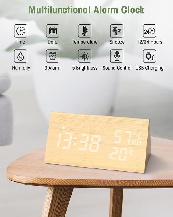 Digital väckarklocka i trä, digital klocka med snooze/datum/temperatur och luftfuktighet - Bambu