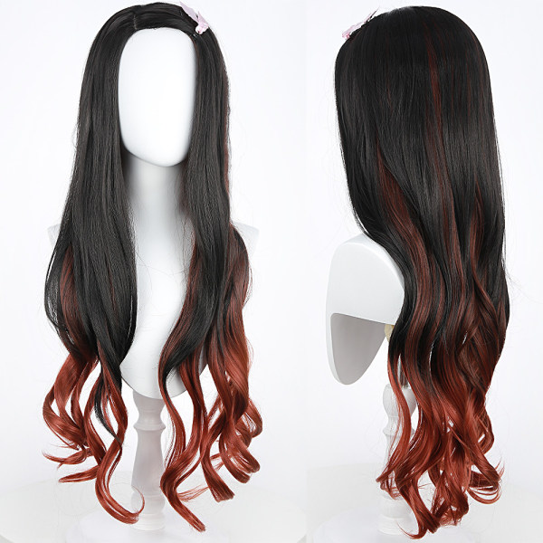 Ghost Blade cos peruk med rosa rosett dekorerad köksdörr You Douzi anime peruk svart+orange