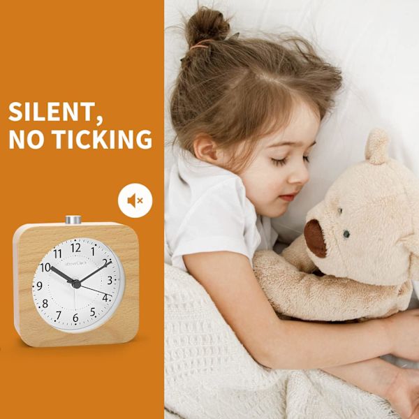 Batteridrevet Morgen Vækkeur, aboveClock Træ Vækkeur Analogt Rejsevækkeur Lydløs Ikke-tikkende Lysende med Snooze Funktion 【Lyst Træ