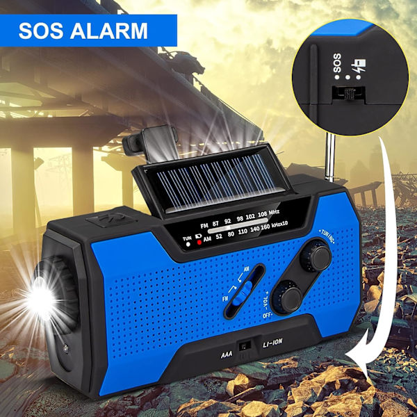 Käsikäyttöinen hätäradio, aurinkovoimalla toimiva kannettava monitoiminen ulkoiluradio 2000 mAh:n teholla/LED-taskulampulla/SOS-hälytyksellä (sininen)