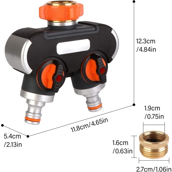 2-vejs splitter: 3/4\" og 1/2\" Y med haneadapter, låsbar justerbar vandgennemstrømning, til havevanding, vask.