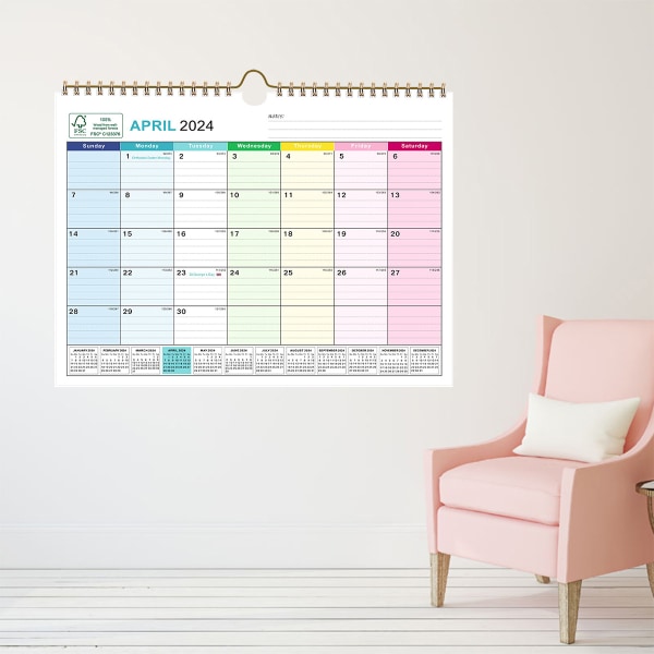 Väggkalender 2024, januari 2024-decomber 2024, 10" x 13", markerade helgdagar, planeringskalender, tjockt papper