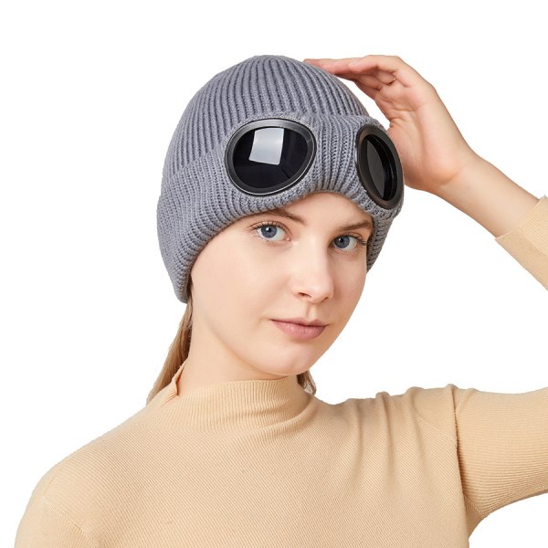 Lue Høst og Vinter Herre og Dame Vindskjerm Briller Plysj Ski Strikket Lue 56-58cm (grå)