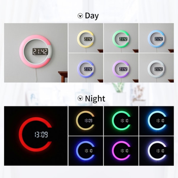 3D LED digital väggklocka Bordsklocka Alarm Ihålig spegel Väggklocka Modern design Nattljus för hem, vardagsrumsdekorationer