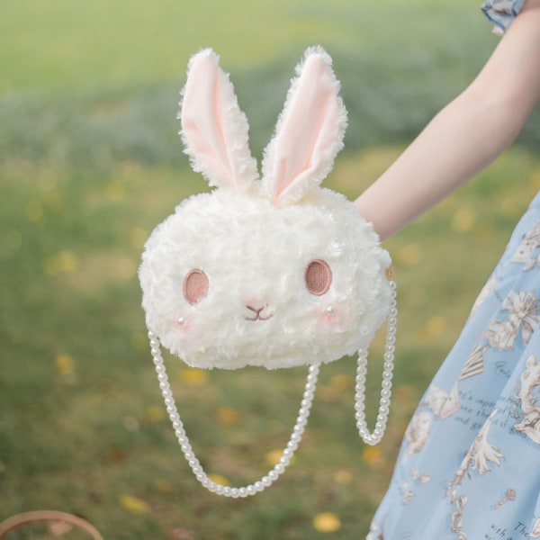 Crossbody-väska, tecknad plånbok för flickor i plysch kanin, söt Lolita-handväska för barn Tonåringar, Lovely Fluffy djurväska (pärlkedja)