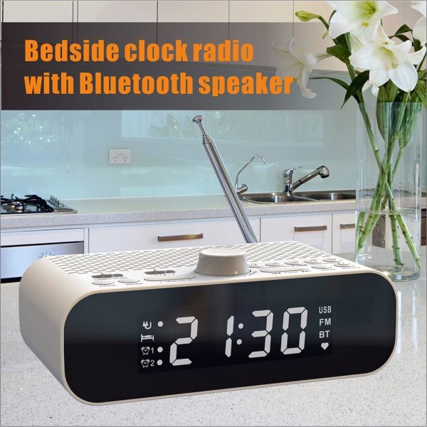 Radiostyrd väckarklocka, FM-radio, med Bluetooth högtalare, med stavantenn,  multiknapp, LED-digitalskärm, uppladdningsbar, vit 407c | Fyndiq