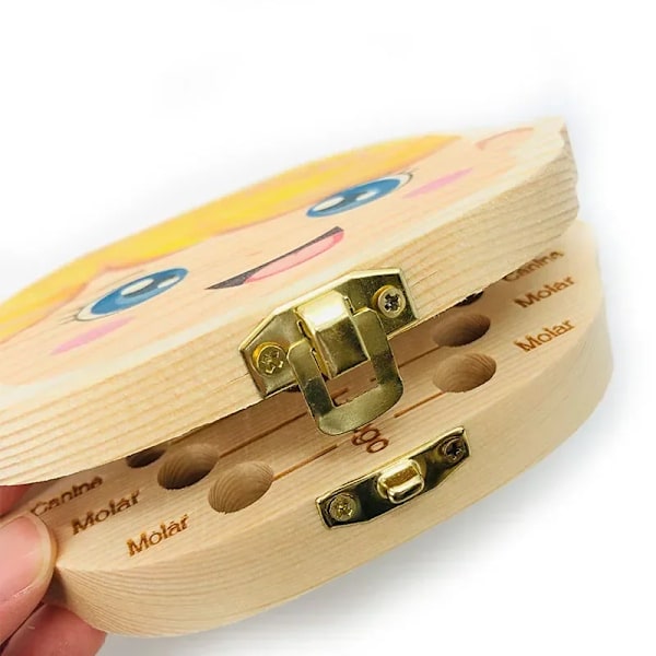 Baby Wood Tannboks Organizer Melketenner Oppbevaring Språk Spania Engelsk Samle tenner Umbilica Spare gaver Baby Tannboks girl